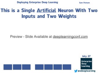 Sam Putnam
@edeeplearning
July 27
Deploying Enterprise Deep Learning
This is a Single Artificial Neuron With Two
Inputs and Two Weights
Preview - Slide Available at deeplearningconf.com
 