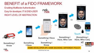 ©2018 Nok Nok Labs
BENEFIT of a FIDO FRAMEWORK
Enabling MultifactorAuthentication
Easy for developer,IT& END-USER
RIGHTLEVELOFABSTRACTION
18
Something I
Know
Something
I Have
Something I Have
+
Something I
Know
Or
Something I
Have, Who I am
…
Or
[Something I
Have, Who I am]
x2
…
TapTouch
SAME DEVELOPER API, SAME BACKEND, DIFFERENT POLICY
 