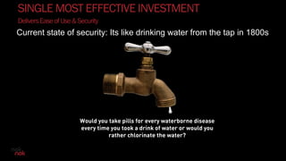 ©2018 Nok Nok Labs
SINGLE MOST EFFECTIVE INVESTMENT
DeliversEaseofUse&Security
19
Would you take pills for every waterborne disease
every time you took a drink of water or would you
rather chlorinate the water?
Current state of security: Its like drinking water from the tap in 1800s
 