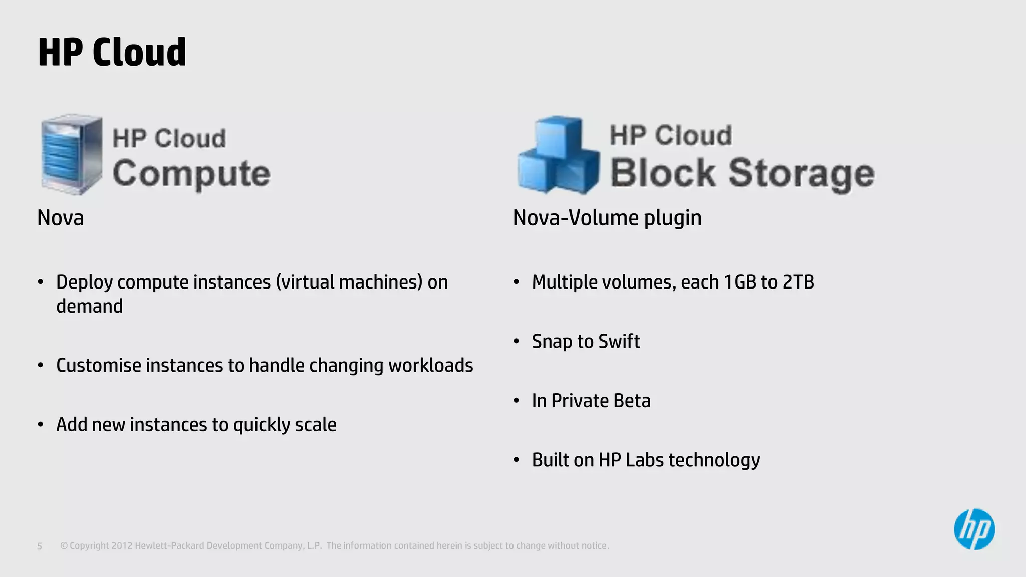 HP Cloud



Nova                                                                                                         Nova-Volume plugin

• Deploy compute instances (virtual machines) on                                                             • Multiple volumes, each 1GB to 2TB
  demand
                                                                                                             • Snap to Swift
• Customise instances to handle changing workloads
                                                                                                             • In Private Beta
• Add new instances to quickly scale
                                                                                                             • Built on HP Labs technology



5   © Copyright 2012 Hewlett-Packard Development Company, L.P. The information contained herein is subject to change without notice.
 