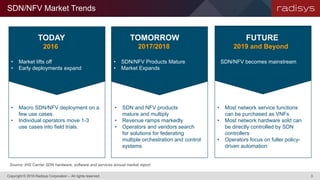 SDN/NFV Market Trends
Copyright © 2016 Radisys Corporation – All rights reserved. 3
TODAY TOMORROW FUTURE
• Market lifts off
• Early deployments expand
• SDN/NFV Products Mature
• Market Expands
• SDN/NFV becomes mainstream
• Macro SDN/NFV deployment on a
few use cases.
• Individual operators move 1-3
use cases into field trials.
• SDN and NFV products
mature and multiply
• Revenue ramps markedly
• Operators and vendors search
for solutions for federating
multiple orchestration and control
systems
2016 2017/2018 2019 and Beyond
• Most network service functions
can be purchased as VNFs
• Most network hardware sold can
be directly controlled by SDN
controllers
• Operators focus on fuller policy-
driven automation
Source: IHS Carrier SDN hardware, software and services annual market report
 