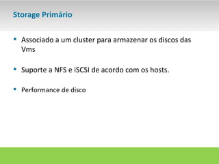 Storage Primário

 Associado a um cluster para armazenar os discos das
  Vms

 Suporte a NFS e iSCSI de acordo com os hosts.

 Performance de disco
 