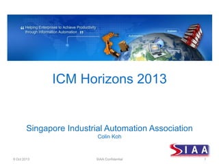 ICM Horizons 2013

Singapore Industrial Automation Association
Colin Koh

9 Oct 2013

SIAA Confidential

1

 