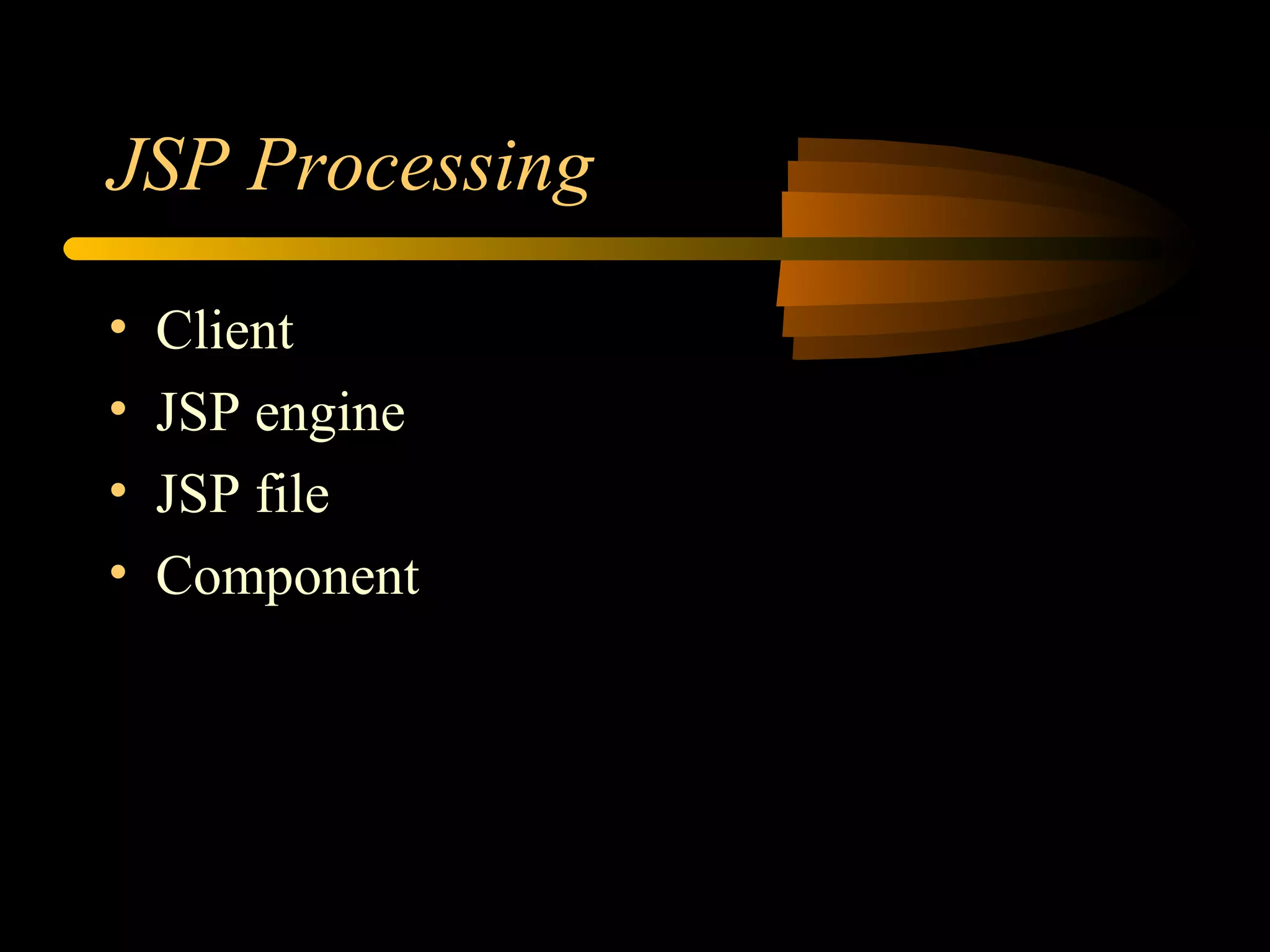 JSP Processing
• Client
• JSP engine
• JSP file
• Component