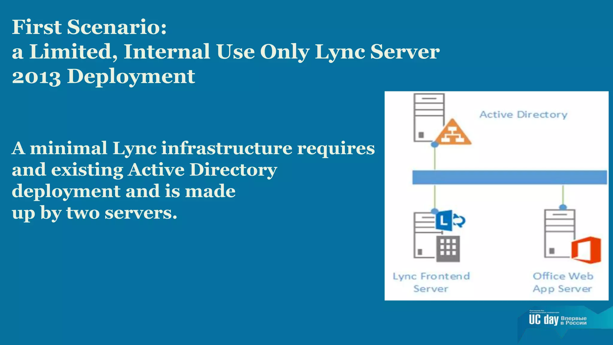 First Scenario: 
a Limited, Internal Use Only Lync Server 
2013 Deployment 
A minimal Lync infrastructure requires 
and existing Active Directory 
deployment and is made 
up by two servers. 
 
