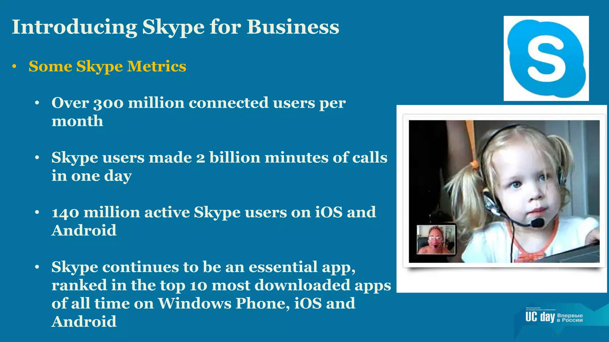 Introducing Skype for Business 
• Some Skype Metrics 
• Over 300 million connected users per 
month 
• Skype users made 2 billion minutes of calls 
in one day 
• 140 million active Skype users on iOS and 
Android 
• Skype continues to be an essential app, 
ranked in the top 10 most downloaded apps 
of all time on Windows Phone, iOS and 
Android 
 