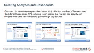 Creating Analyses and Dashboards 
•Standard UI for creating analyses, dashboards etc (but limited to subset of features now) 
•Each tenant has a single RPD, all users report against that (but can add security etc) 
•Helpers when user first connects to guide through key features 
T : +44 (0) 1273 911 268 (UK) or (888) 631-1410 (USA) or 
+61 3 9596 7186 (Australia & New Zealand) or +91 997 256 7970 (India) 
E : info@rittmanmead.com 
W : www.rittmanmead.com 
 