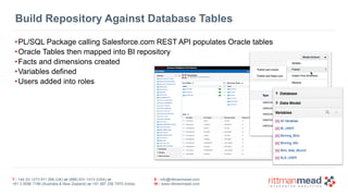 Build Repository Against Database Tables 
•PL/SQL Package calling Salesforce.com REST API populates Oracle tables 
•Oracle Tables then mapped into BI repository 
•Facts and dimensions created 
•Variables defined 
•Users added into roles 
T : +44 (0) 1273 911 268 (UK) or (888) 631-1410 (USA) or 
+61 3 9596 7186 (Australia & New Zealand) or +91 997 256 7970 (India) 
E : info@rittmanmead.com 
W : www.rittmanmead.com 
 