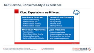 Self-Service, Consumer-Style Experience 
T : +44 (0) 1273 911 268 (UK) or (888) 631-1410 (USA) or 
+61 3 9596 7186 (Australia & New Zealand) or +91 997 256 7970 (India) 
E : info@rittmanmead.com 
W : www.rittmanmead.com 
 