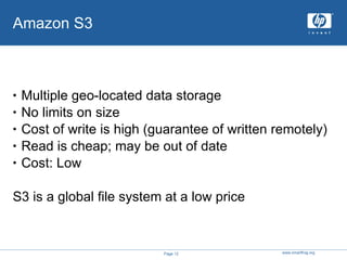 Amazon S3 Multiple geo-located data storage No limits on size Cost of write is high (guarantee of written remotely) Read is cheap; may be out of date Cost: Low S3 is a global file system at a low price 