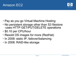 Amazon EC2 Pay as you go Virtual Machine Hosting No persistent storage other than S3 filestore -uses HTTP GET/PUT/DELETE operations $0.10 per CPU/hour Resold OS images for more (RedHat) In 2008: static IP, failover/balancing In 2008: RAID-like storage 