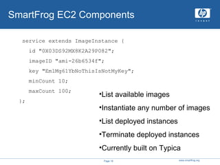 SmartFrog EC2 Components service extends ImageInstance { id "0X03DS92MX8K2A29P082"; imageID "ami-26b6534f"; key "EmlMg61YbNoThisIsNotMyKey"; minCount 10; maxCount 100; }; List available images Instantiate any number of images List deployed instances Terminate deployed instances Currently built on Typica 