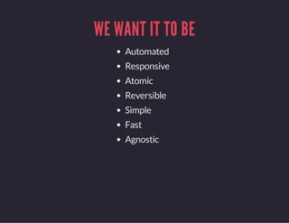 WE WANT IT TO BE
Automated
Responsive
Atomic
Reversible
Simple
Fast
Agnostic
 