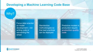 © 2016 Health Catalyst
Proprietary and Confidential
Developing a Machine Learning Code Base
26
Focus data scientist
on model
development – not
writing code or
reinventing the
wheel
Standardize
methodologies so
that best practices
can be deployed
Predictive models in
production require
production quality
code
Why?
 