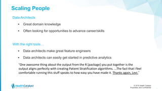 © 2016 Health Catalyst
Proprietary and Confidential
Scaling People
Data Architects
 Great domain knowledge
 Often looking for opportunities to advance career/skills
With the right tools…
 Data architects make great feature engineers
 Data architects can easily get started in predictive analytics
“One awesome thing about the output from the R [package] you put together is the
output aligns perfectly with creating Patient Stratification algorithms. …The fact that I feel
comfortable running this stuff speaks to how easy you have made it. Thanks again, Levi.”
30
 