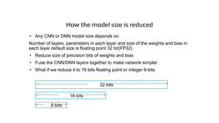 How the model size is reduced
• Any CNN or DNN model size depends on
Number of layers, parameters in each layer and size of the weights and bias in
each layer default size is floating point 32 bit(FP32)
• Reduce size of precision bits of weights and bias
• Fuse the CNN/DNN layers together to make network simpler
• What if we reduce it to 16 bits floating point or integer 8-bits
32 bits
16 bits
8 bits
 