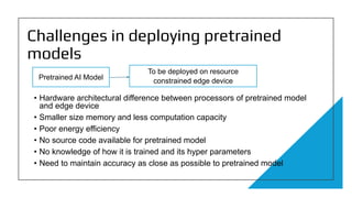 Challenges in deploying pretrained
models
• Hardware architectural difference between processors of pretrained model
and edge device
• Smaller size memory and less computation capacity
• Poor energy efficiency
• No source code available for pretrained model
• No knowledge of how it is trained and its hyper parameters
• Need to maintain accuracy as close as possible to pretrained model
Pretrained AI Model
To be deployed on resource
constrained edge device
 