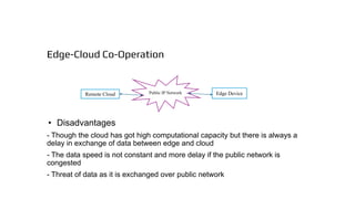 Edge-Cloud Co-Operation
• Disadvantages
- Though the cloud has got high computational capacity but there is always a
delay in exchange of data between edge and cloud
- The data speed is not constant and more delay if the public network is
congested
- Threat of data as it is exchanged over public network
Public IP Network
Remote Cloud Edge Device
 