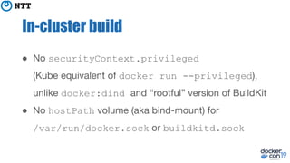 In-cluster build
● securityContext.privileged
docker run --privileged
docker:dind
● hostPath
/var/run/docker.sock buildkitd.sock
 