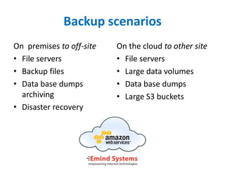 Backup scenarios
On premises to off-site   On the cloud to other site
• File servers            • File servers
• Backup fi...