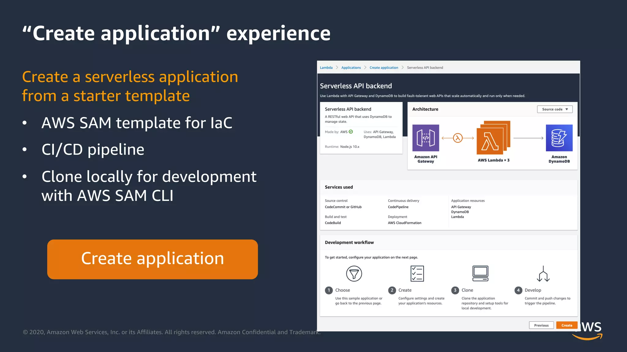 © 2020, Amazon Web Services, Inc. or its Affiliates. All rights reserved. Amazon Confidential and Trademark.
“Create application” experience
Create a serverless application
from a starter template
• AWS SAM template for IaC
• CI/CD pipeline
• Clone locally for development
with AWS SAM CLI
 
