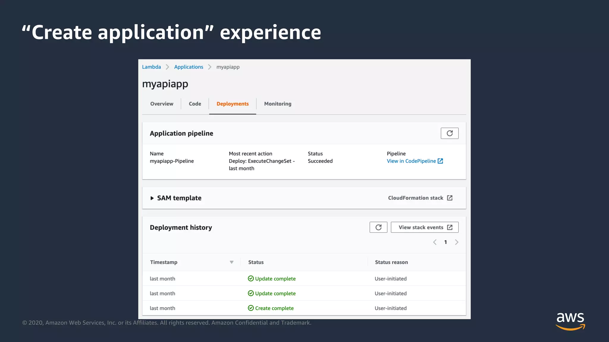 © 2020, Amazon Web Services, Inc. or its Affiliates. All rights reserved. Amazon Confidential and Trademark.
“Create application” experience
 