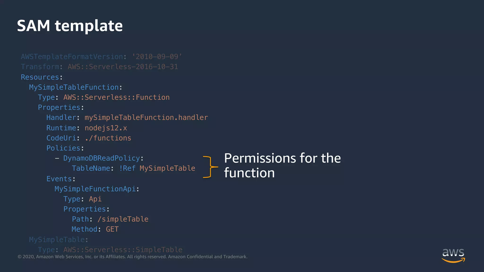 © 2020, Amazon Web Services, Inc. or its Affiliates. All rights reserved. Amazon Confidential and Trademark.
SAM template
AWSTemplateFormatVersion: '2010-09-09’
Transform: AWS::Serverless-2016-10-31
Resources:
MySimpleTableFunction:
Type: AWS::Serverless::Function
Properties:
Handler: mySimpleTableFunction.handler
Runtime: nodejs12.x
CodeUri: ./functions
Policies:
- DynamoDBReadPolicy:
TableName: !Ref MySimpleTable
Events:
MySimpleFunctionApi:
Type: Api
Properties:
Path: /simpleTable
Method: GET
MySimpleTable:
Type: AWS::Serverless::SimpleTable
Permissions for the
function
 
