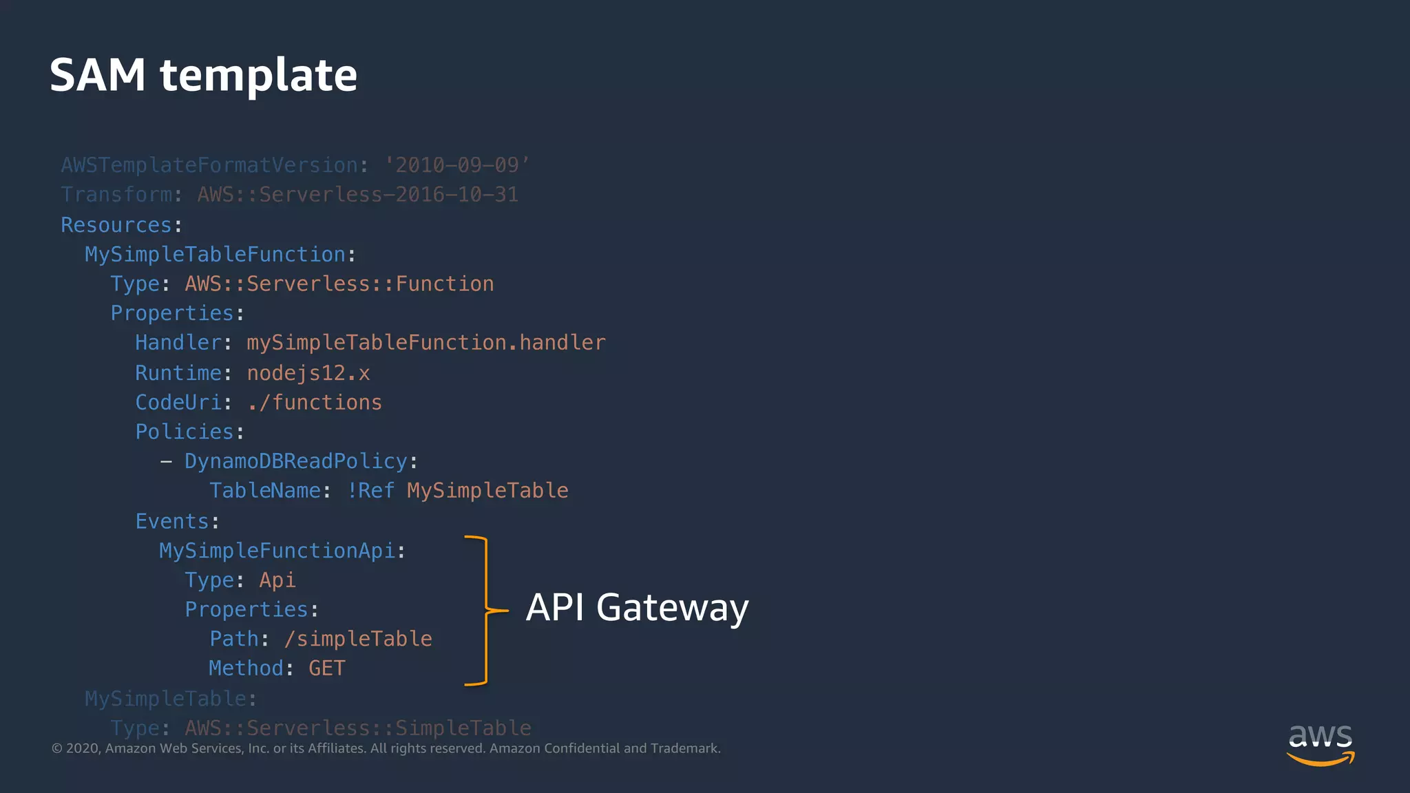 © 2020, Amazon Web Services, Inc. or its Affiliates. All rights reserved. Amazon Confidential and Trademark.
SAM template
AWSTemplateFormatVersion: '2010-09-09’
Transform: AWS::Serverless-2016-10-31
Resources:
MySimpleTableFunction:
Type: AWS::Serverless::Function
Properties:
Handler: mySimpleTableFunction.handler
Runtime: nodejs12.x
CodeUri: ./functions
Policies:
- DynamoDBReadPolicy:
TableName: !Ref MySimpleTable
Events:
MySimpleFunctionApi:
Type: Api
Properties:
Path: /simpleTable
Method: GET
MySimpleTable:
Type: AWS::Serverless::SimpleTable
API Gateway
 