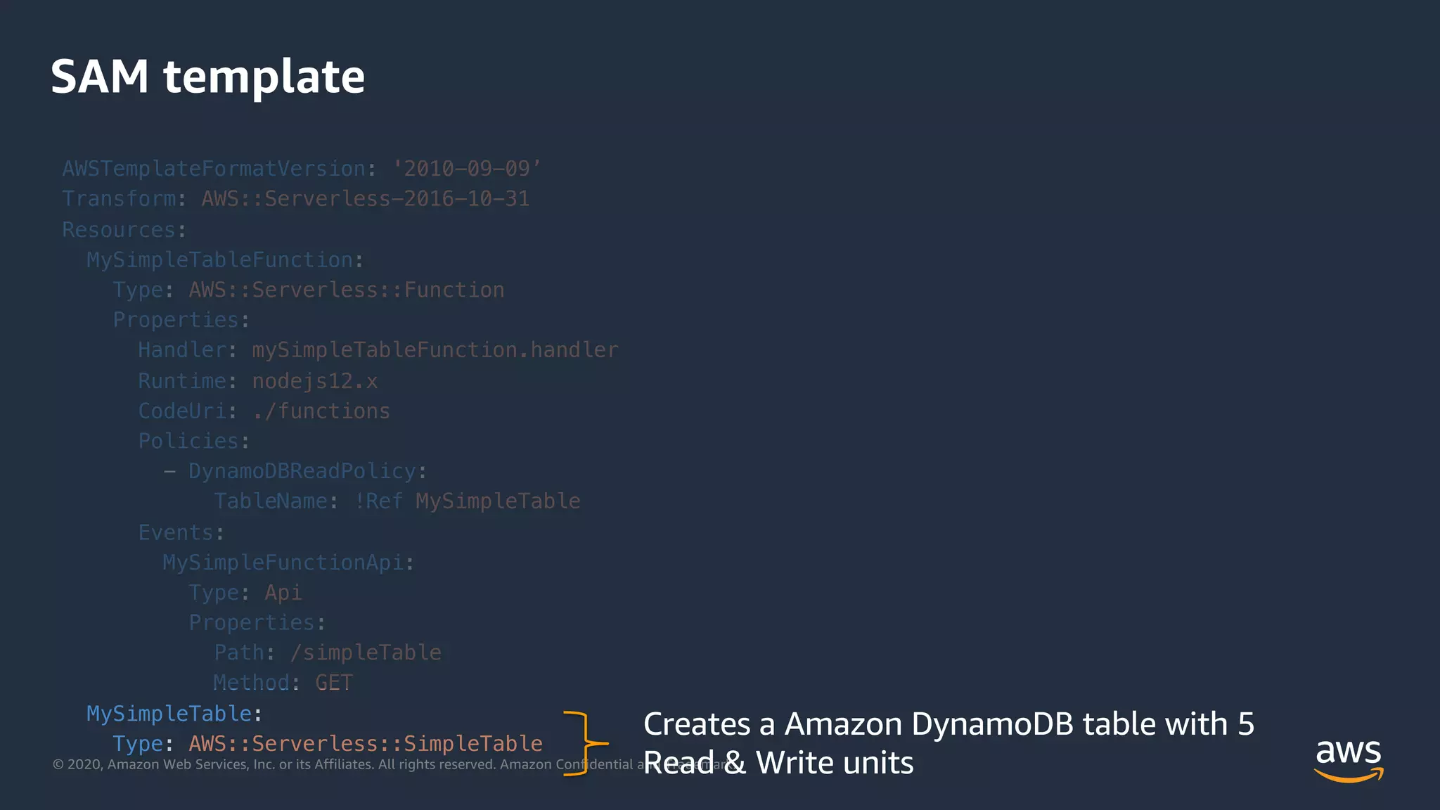 © 2020, Amazon Web Services, Inc. or its Affiliates. All rights reserved. Amazon Confidential and Trademark.
SAM template
AWSTemplateFormatVersion: '2010-09-09’
Transform: AWS::Serverless-2016-10-31
Resources:
MySimpleTableFunction:
Type: AWS::Serverless::Function
Properties:
Handler: mySimpleTableFunction.handler
Runtime: nodejs12.x
CodeUri: ./functions
Policies:
- DynamoDBReadPolicy:
TableName: !Ref MySimpleTable
Events:
MySimpleFunctionApi:
Type: Api
Properties:
Path: /simpleTable
Method: GET
MySimpleTable:
Type: AWS::Serverless::SimpleTable
Creates a Amazon DynamoDB table with 5
Read & Write units
 