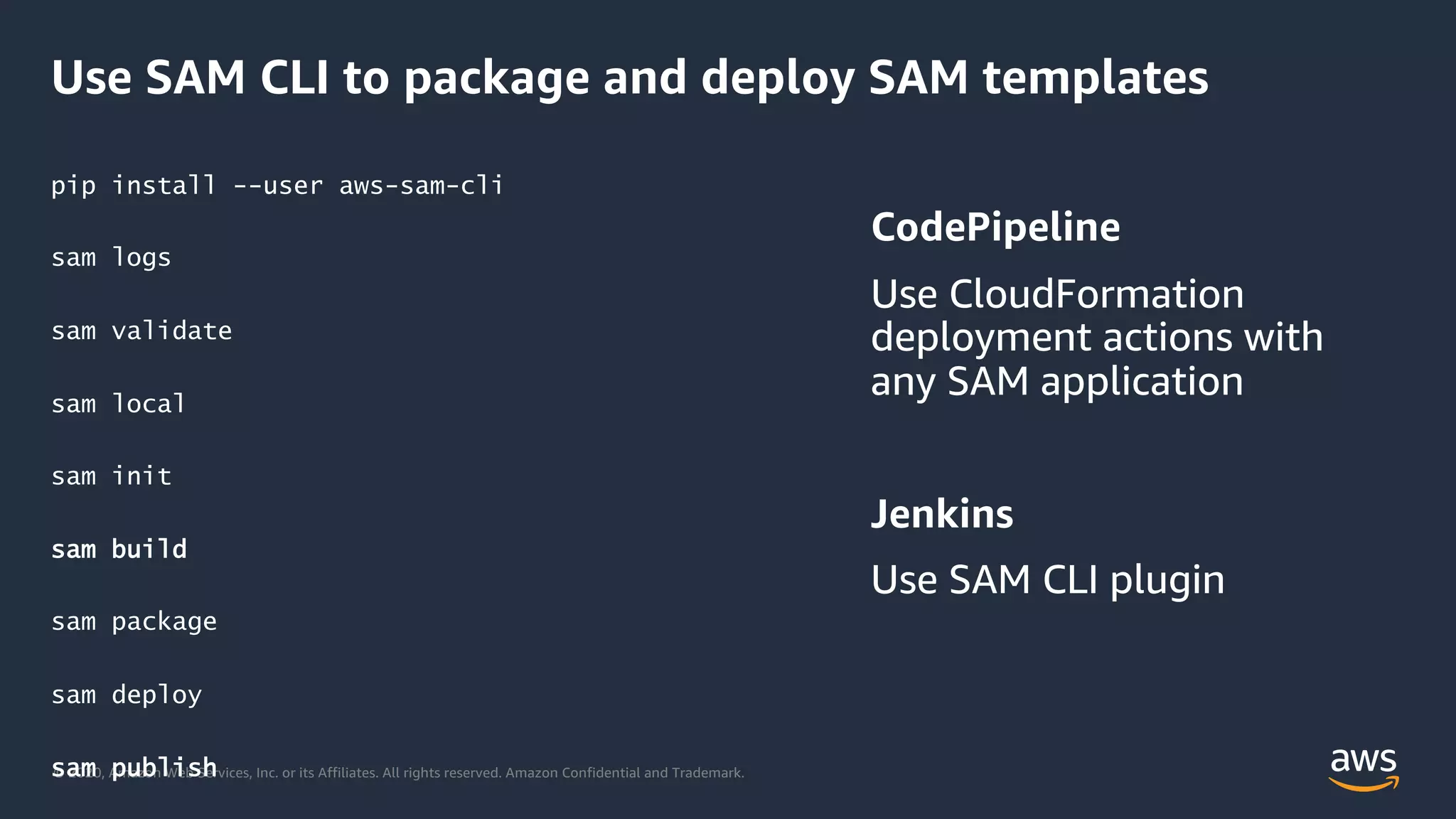 © 2020, Amazon Web Services, Inc. or its Affiliates. All rights reserved. Amazon Confidential and Trademark.
Use SAM CLI to package and deploy SAM templates
pip install --user aws-sam-cli
sam logs
sam validate
sam local
sam init
sam build
sam package
sam deploy
sam publish
 