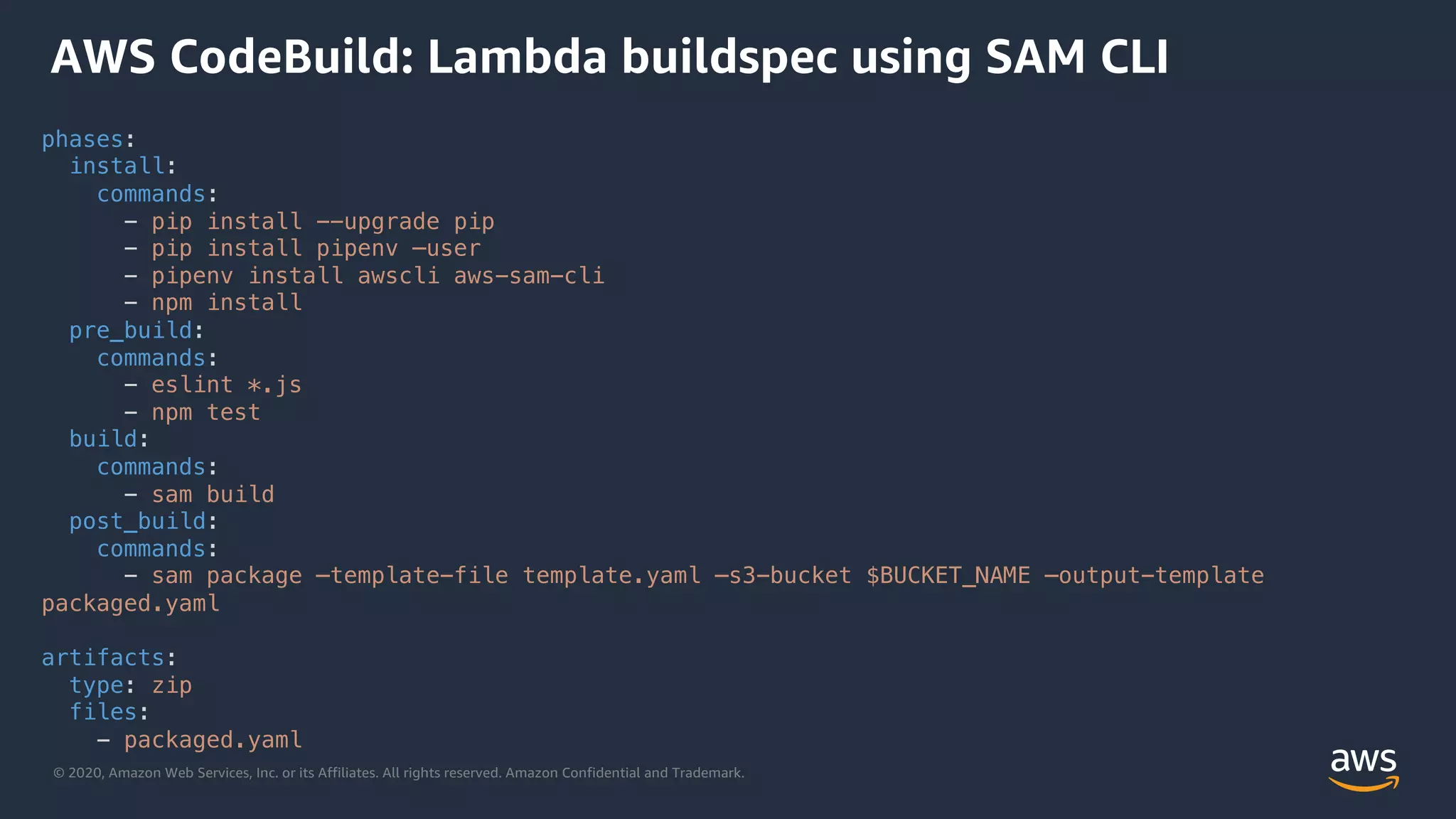 © 2020, Amazon Web Services, Inc. or its Affiliates. All rights reserved. Amazon Confidential and Trademark.
phases:
install:
commands:
- pip install --upgrade pip
- pip install pipenv –user
- pipenv install awscli aws-sam-cli
- npm install
pre_build:
commands:
- eslint *.js
- npm test
build:
commands:
- sam build
post_build:
commands:
- sam package –template-file template.yaml –s3-bucket $BUCKET_NAME –output-template
packaged.yaml
artifacts:
type: zip
files:
- packaged.yaml
AWS CodeBuild: Lambda buildspec using SAM CLI
 