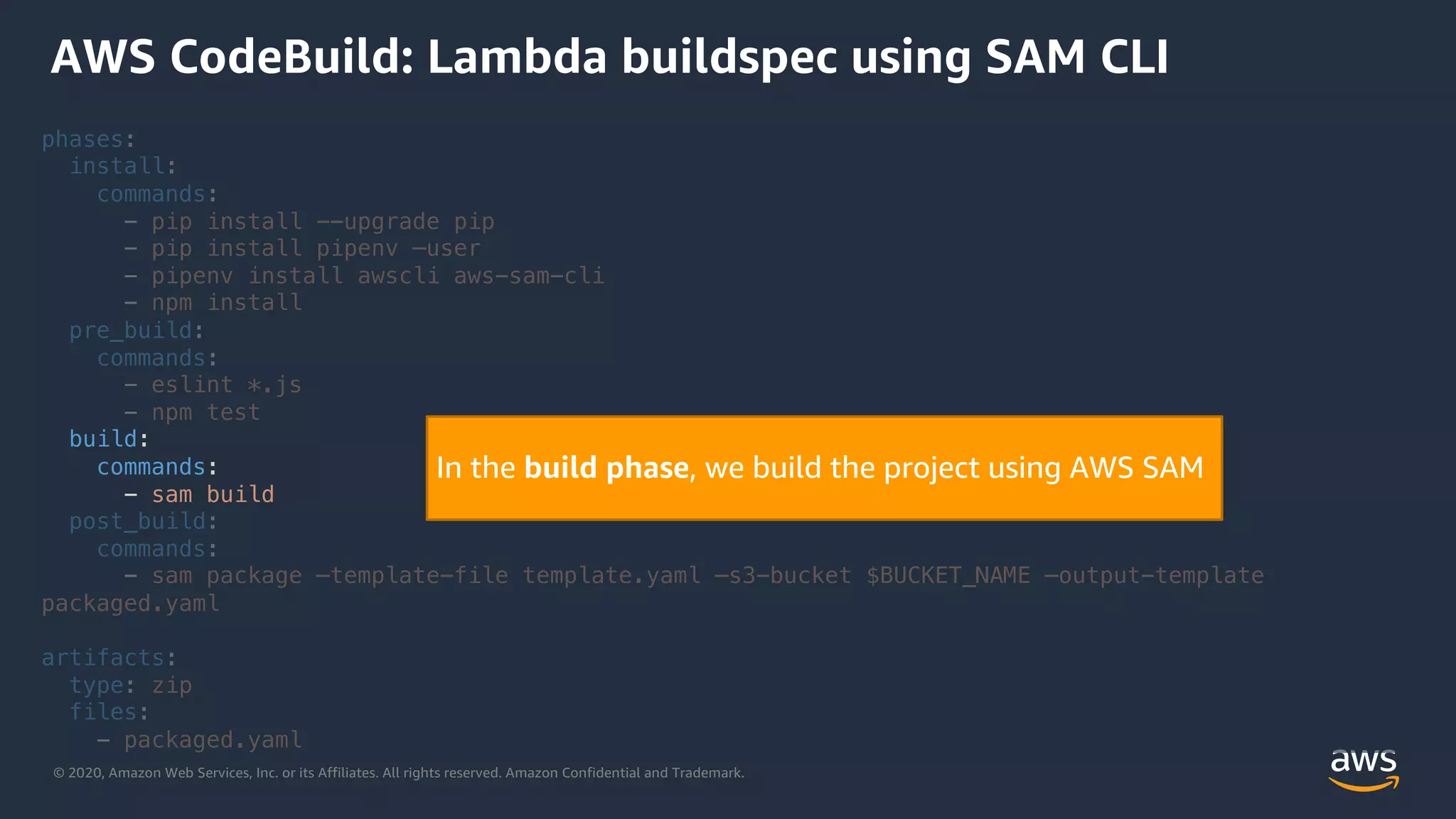 © 2020, Amazon Web Services, Inc. or its Affiliates. All rights reserved. Amazon Confidential and Trademark.
phases:
install:
commands:
- pip install --upgrade pip
- pip install pipenv –user
- pipenv install awscli aws-sam-cli
- npm install
pre_build:
commands:
- eslint *.js
- npm test
build:
commands:
- sam build
post_build:
commands:
- sam package –template-file template.yaml –s3-bucket $BUCKET_NAME –output-template
packaged.yaml
artifacts:
type: zip
files:
- packaged.yaml
AWS CodeBuild: Lambda buildspec using SAM CLI
In the build phase, we build the project using AWS SAM
 