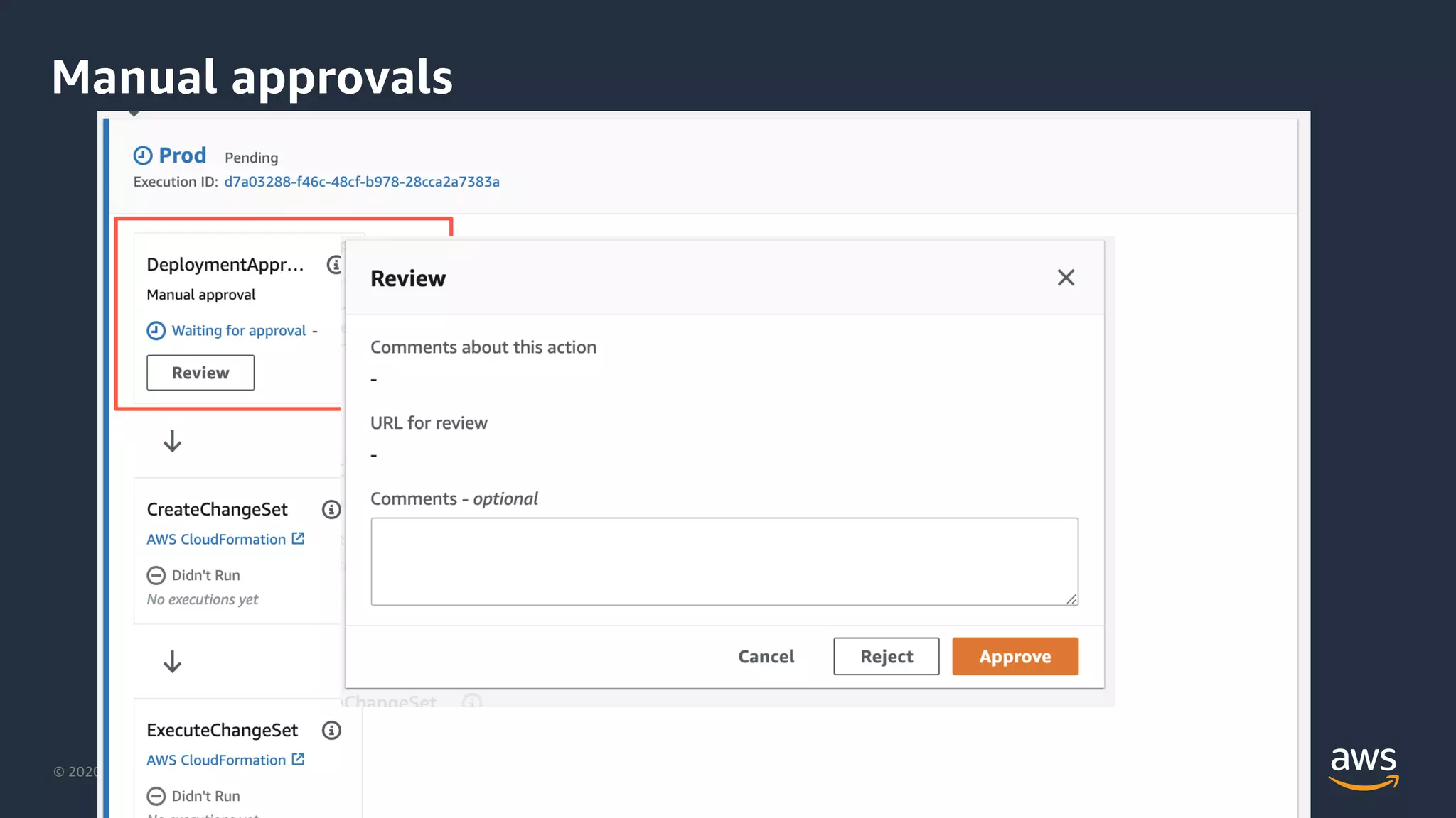 © 2020, Amazon Web Services, Inc. or its Affiliates. All rights reserved. Amazon Confidential and Trademark.
Manual approvals
 