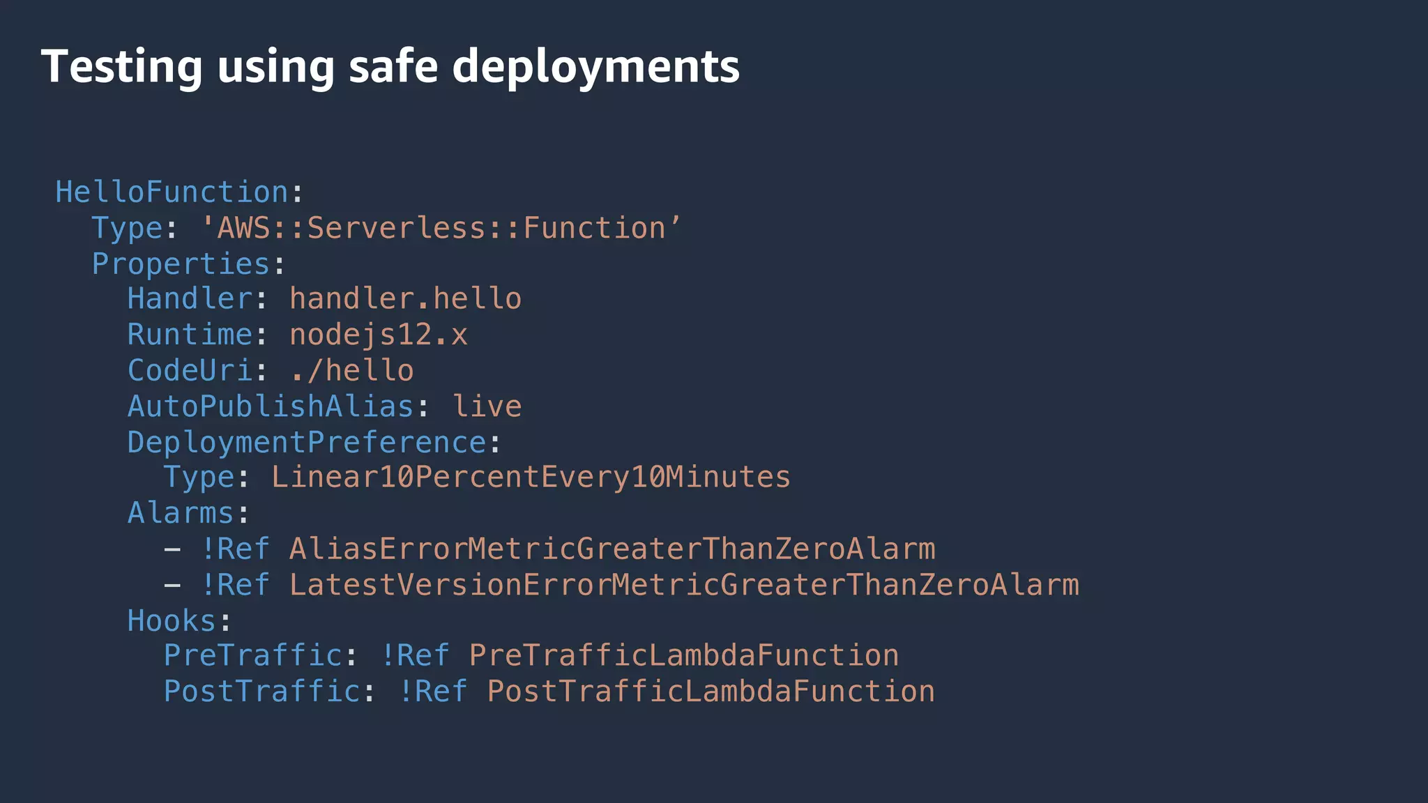 Testing using safe deployments
HelloFunction:
Type: 'AWS::Serverless::Function’
Properties:
Handler: handler.hello
Runtime: nodejs12.x
CodeUri: ./hello
AutoPublishAlias: live
DeploymentPreference:
Type: Linear10PercentEvery10Minutes
Alarms:
- !Ref AliasErrorMetricGreaterThanZeroAlarm
- !Ref LatestVersionErrorMetricGreaterThanZeroAlarm
Hooks:
PreTraffic: !Ref PreTrafficLambdaFunction
PostTraffic: !Ref PostTrafficLambdaFunction
 