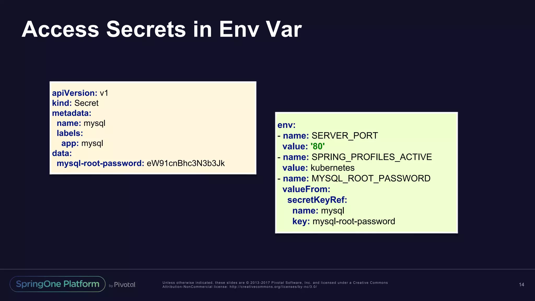 Unless otherwise indicated, these slides are © 2013 -2017 Pivotal Software, Inc. and licensed under a Creative Commons Attribution-NonCommercial license: http://creativecommons.org/licenses/by -nc/3.0/ Access Secrets in Env Var 14 env: - name: SERVER_PORT value: '80' - name: SPRING_PROFILES_ACTIVE value: kubernetes - name: MYSQL_ROOT_PASSWORD valueFrom: secretKeyRef: name: mysql key: mysql-root-password apiVersion: v1 kind: Secret metadata: name: mysql labels: app: mysql data: mysql-root-password: eW91cnBhc3N3b3Jk 