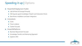 Speeding it up | Options
 PowerShell Deployment Toolkit
 Lab & Proof of Concept Primarily
 Still requires good knowledge of SysCtr and Interaction Points
 Bare Bones installation and base integration
 Consultants
 Costs
 Time to deliver
 Toolset Focused
 PowerONPlatforms
 Business Requirement focused
 Knowledge Transfer and Mentoring Approach
 Speed to ROI
 