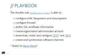 //PLAYBOOK
The Ansible role stdevel.uyuni is able to:
> con gure LVM, lesystems and mountpoints
> con gure rewall
> de ne ...