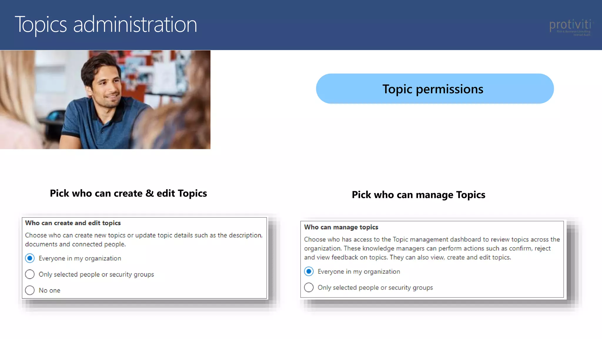 Topic permissions
Topics administration
Pick who can create & edit Topics Pick who can manage Topics
 
