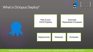 Deploying Web Apps using CaC and IaC with Octopus Deploy - Copyright Pete Gallagher 2022 – @Pete_Codes
What is Octopus Deploy?
Releases
Deployments Runbooks
Part of your
CI/CD Pipeline
Automate
Repeatable Processes
 