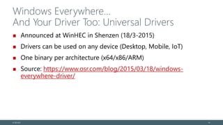 Windows Everywhere…
And Your Driver Too: Universal Drivers
Announced at WinHEC in Shenzen (18/3-2015)
Drivers can be used on any device (Desktop, Mobile, IoT)
One binary per architecture (x64/x86/ARM)
Source: https://www.osr.com/blog/2015/03/18/windows-
everywhere-driver/
© EG A/S 14
 