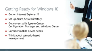 Getting Ready for Windows 10
Get on Internet Explorer 11
Set up Azure Active Directory
Get current with System Center
Configuration Manager and Windows Server
Consider mobile device needs
Think about scenario-based
management
© EG A/S 24
 