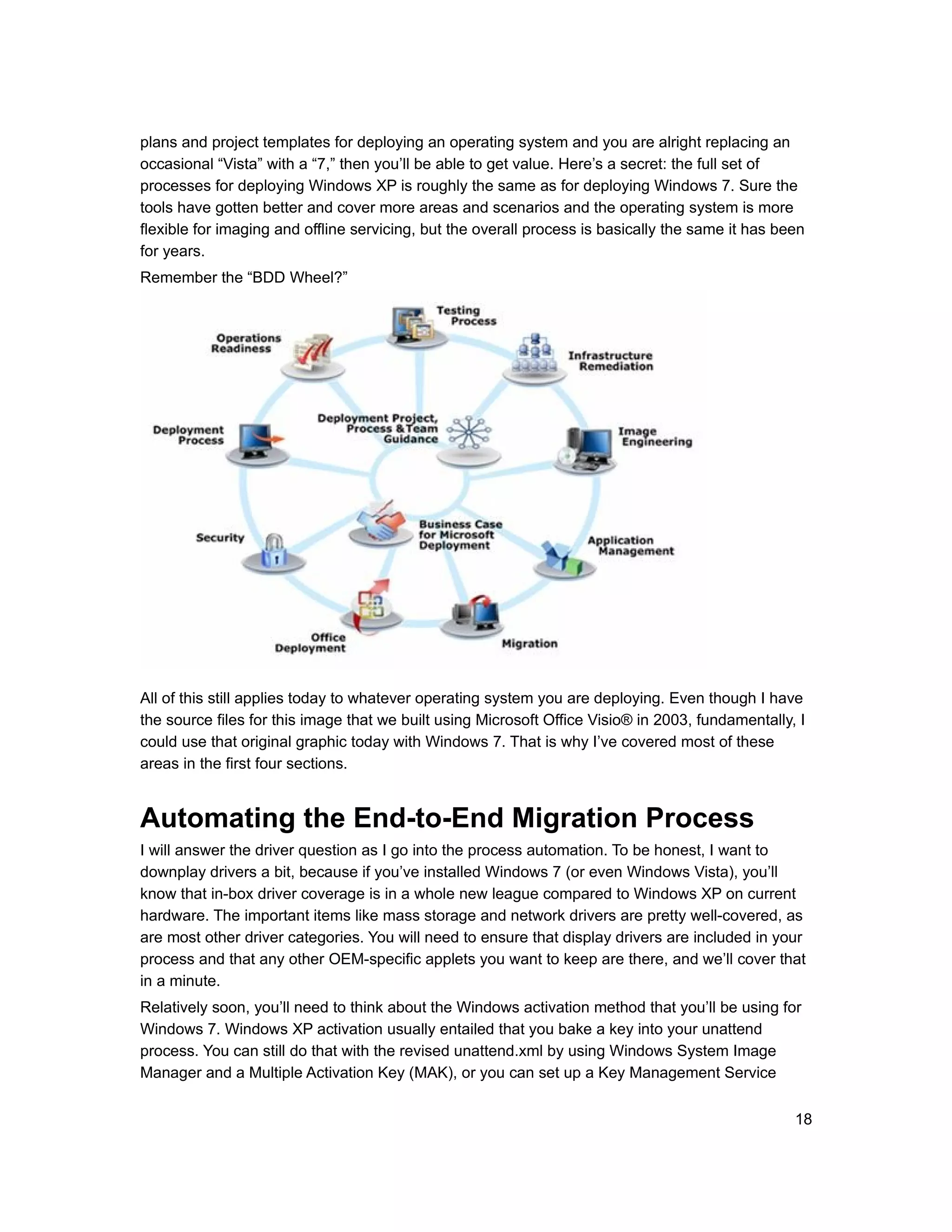 plans and project templates for deploying an operating system and you are alright replacing an
occasional “Vista” with a “7,” then you’ll be able to get value. Here’s a secret: the full set of
processes for deploying Windows XP is roughly the same as for deploying Windows 7. Sure the
tools have gotten better and cover more areas and scenarios and the operating system is more
flexible for imaging and offline servicing, but the overall process is basically the same it has been
for years.
Remember the “BDD Wheel?”




All of this still applies today to whatever operating system you are deploying. Even though I have
the source files for this image that we built using Microsoft Office Visio® in 2003, fundamentally, I
could use that original graphic today with Windows 7. That is why I’ve covered most of these
areas in the first four sections.


Automating the End-to-End Migration Process
I will answer the driver question as I go into the process automation. To be honest, I want to
downplay drivers a bit, because if you’ve installed Windows 7 (or even Windows Vista), you’ll
know that in-box driver coverage is in a whole new league compared to Windows XP on current
hardware. The important items like mass storage and network drivers are pretty well-covered, as
are most other driver categories. You will need to ensure that display drivers are included in your
process and that any other OEM-specific applets you want to keep are there, and we’ll cover that
in a minute.
Relatively soon, you’ll need to think about the Windows activation method that you’ll be using for
Windows 7. Windows XP activation usually entailed that you bake a key into your unattend
process. You can still do that with the revised unattend.xml by using Windows System Image
Manager and a Multiple Activation Key (MAK), or you can set up a Key Management Service


                                                                                                   18
 