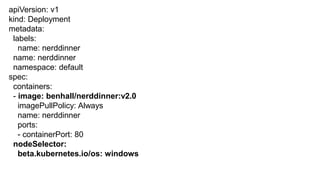 apiVersion: v1
kind: Deployment
metadata:
labels:
name: nerddinner
name: nerddinner
namespace: default
spec:
containers:
- image: benhall/nerddinner:v2.0
imagePullPolicy: Always
name: nerddinner
ports:
- containerPort: 80
nodeSelector:
beta.kubernetes.io/os: windows
 