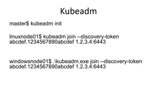 Kubeadm
master$ kubeadm init
linuxnode01$ kubeadm join --discovery-token
abcdef.1234567890abcdef 1.2.3.4:6443
windowsnode01$ .kubeadm.exe join --discovery-token
abcdef.1234567890abcdef 1.2.3.4:6443
 