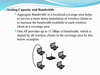 Scaling Capacity and Bandwidth :
•Aggregate Bandwidth in a localized coverage area helps
to service a more dense population of wireless clients or
to increase the bandwidth available to each wireless
client in a coverage area
•One AP provides up to 11 Mbps of bandwidth, which is
shared by all wireless clients in the coverage area by this
below examples.
 