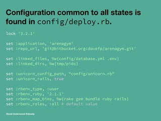 Configuration common to all states is 
found in config/deploy.rb. 
lock '3.2.1' 
set :application, 'arenagym' 
set :repo_url, 'git@bitbucket.org:davefp/arenagym.git' 
set :linked_files, %w{config/database.yml .env} 
set :linked_dirs, %w{tmp/pids} 
set :unicorn_config_path, "config/unicorn.rb" 
set :unicorn_rails, true 
set :rbenv_type, :user 
set :rbenv_ruby, '2.1.1' 
set :rbenv_map_bins, %w{rake gem bundle ruby rails} 
set :rbenv_roles, :all # default value 
David Underwood @davefp 
 