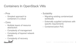 • Pros
• Simplest approach to
containers in a cloud
• Cons
• Multiple layers of resource
abstraction
• Complexity of management
• Complexity of layered network
stacks
• Complexity of recovery
• Suitability
• Migrating existing containerized
workloads
• Externally supplied containers with
specific requirements
• Containerization PoC
Containers In OpenStack VMs
11
 