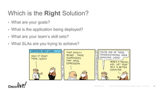 Which is the Right Solution?
• What are your goals?
• What is the application being deployed?
• What are your team’s skill sets?
• What SLAs are you trying to achieve?
6
 