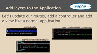 Add layers to the Application 
Let’s update our routes, add a controller and add 
a view like a normal application. 
app/r...