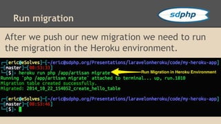 Run migration 
After we push our new migration we need to run 
the migration in the Heroku environment. 
 